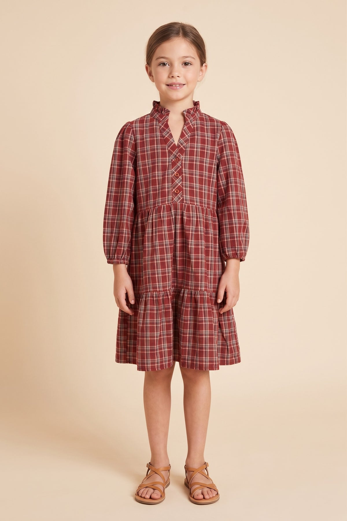 Youth Girls Open Collar Plaid Long Sleeve Dress