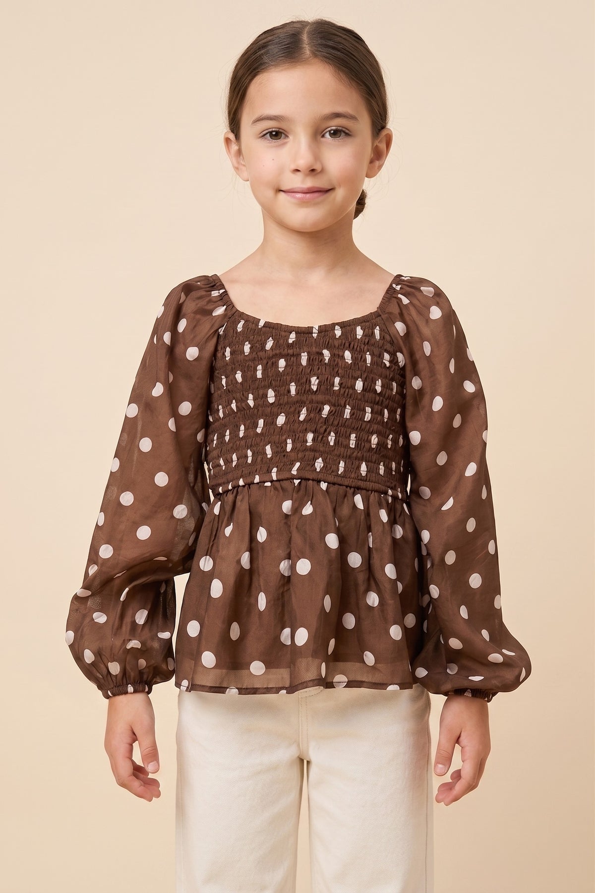 Youth Girls Smocked Long Sleeve Polka Dot Top