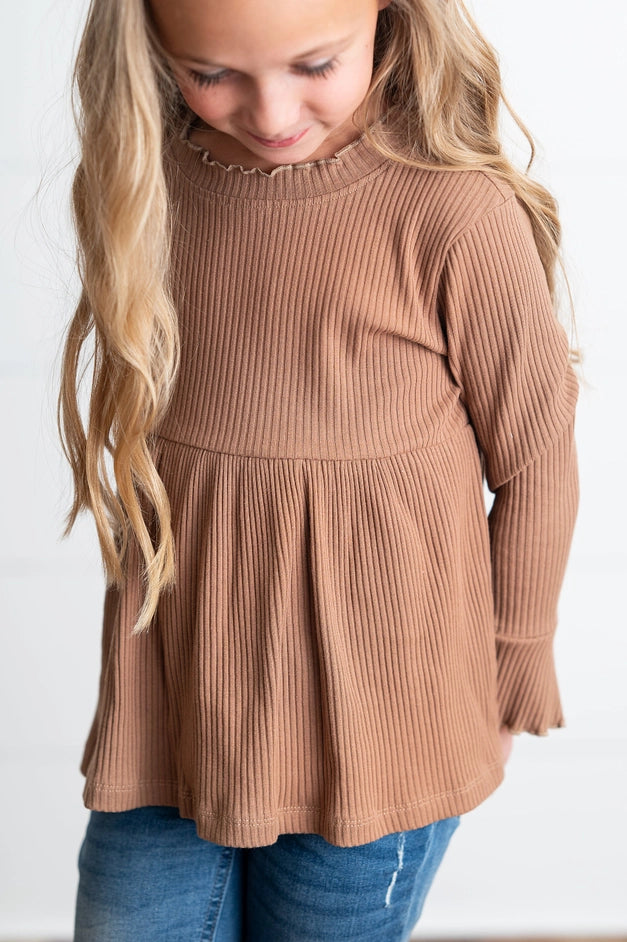 Fall Toffee Long Sleeve Lettuce Trim Ribbed Shirt