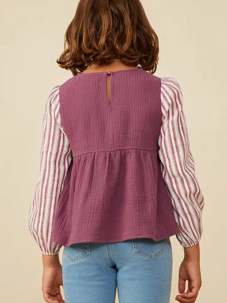 Youth Girls Contrast Sleeve Gauze Top