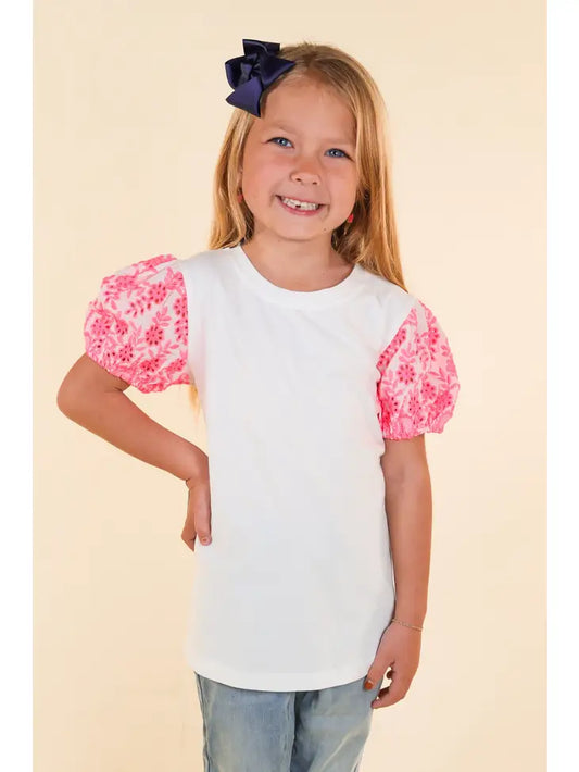 Girls White Top With Pink Eyelet Sleeves