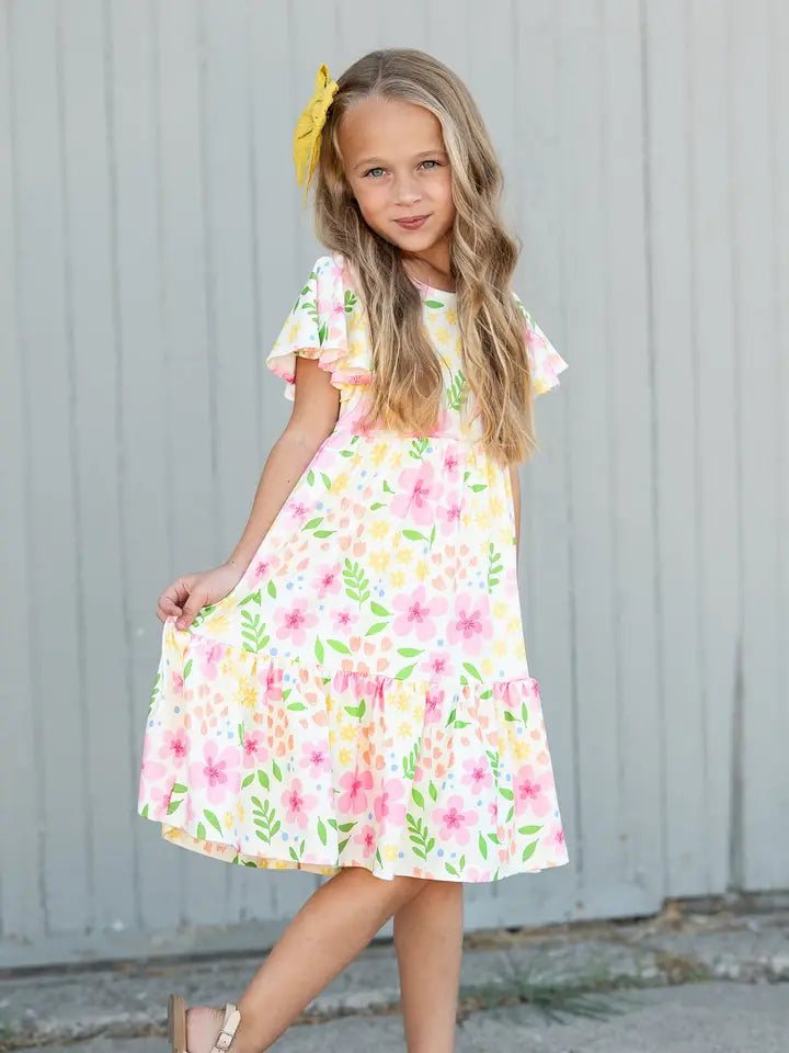 Girls Dainty Spring Floral Flutter Sleeve Twirl Dress