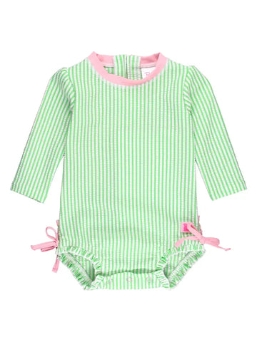 Girls Green Seersucker Long Sleeve Swimsuit