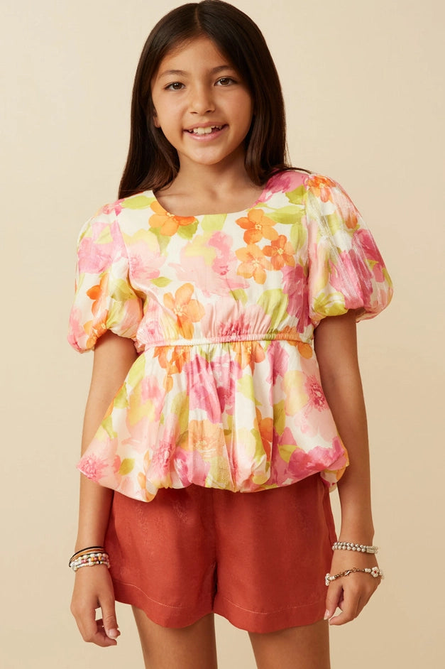 Youth Girls Satin Floral Peplum Top