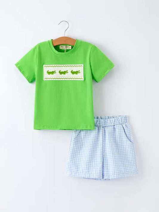Toddler Boys Crocodile Embroidered Plaid Shorts Set