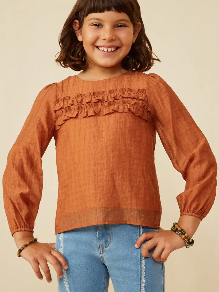 Youth Girls Ruffle Detail Puff Sleeve Textured Top