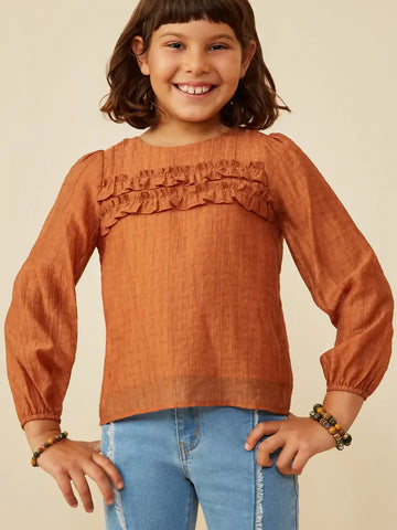 Youth Girls Ruffle Detail Puff Sleeve Textured Top