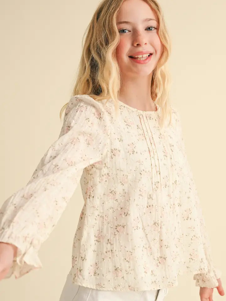 Tween Girls Long Sleeve Pintuck Floral Top