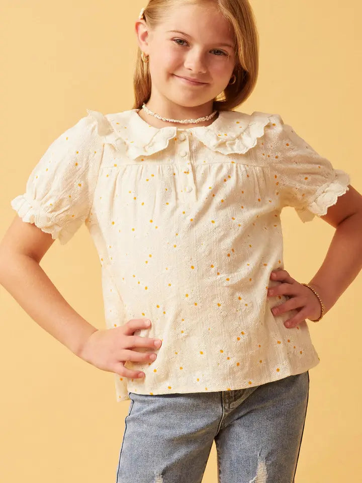 Youth Girls Textured Floral Lace Peter Pan Top