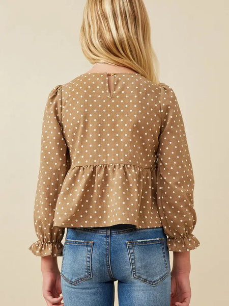 Youth Girls Polka Dot Cinched Cuff Peplum Top