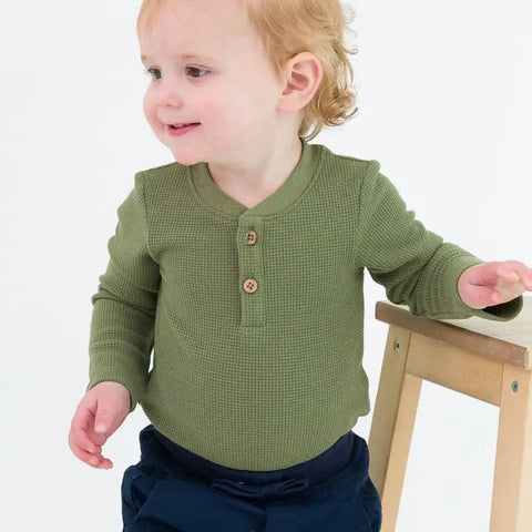 Baby Boys Dusty Olive Waffle Knit Henley Bodysuit