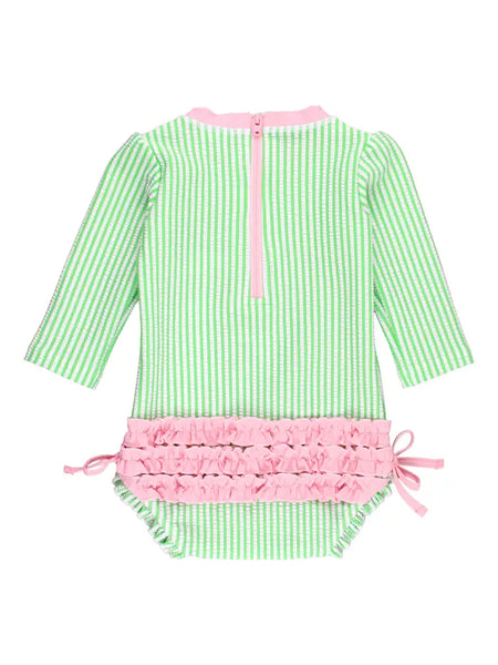 Girls Green Seersucker Long Sleeve Swimsuit