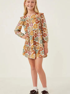 Youth Girls Mixed Floral Ruffle Shoulder Dress