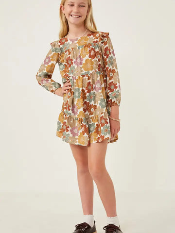 Youth Girls Mixed Floral Ruffle Shoulder Dress