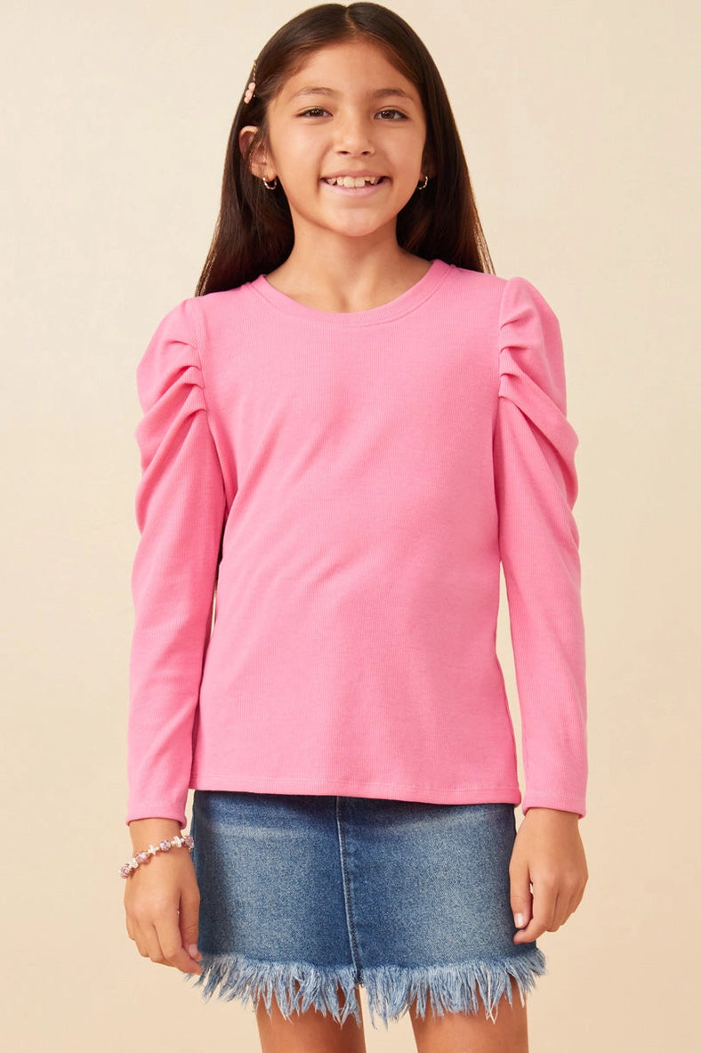 Youth Girls Pleated Puff Shoulder Knit Top