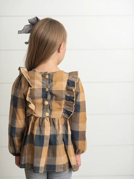 Girls Mustard & Gray Plaid Ruffle Button Top