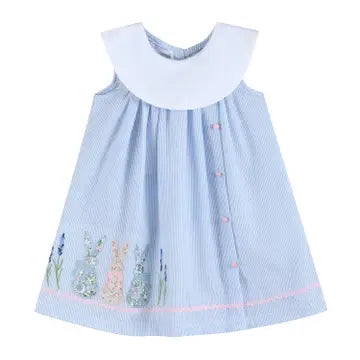 Baby Girls Blue Bunnies Seersucker Yoke Dress