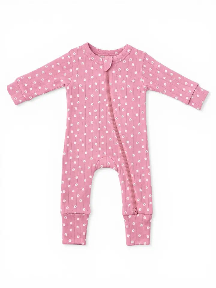 Infant Girl Pink Flower Organic Pointelle 2-Way Zip Romper