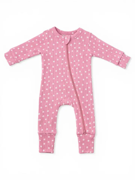 Infant Girl Pink Flower Organic Pointelle 2-Way Zip Romper