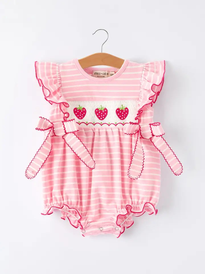 Infant Girl Strawberry Embroidered Pink Smocked Romper