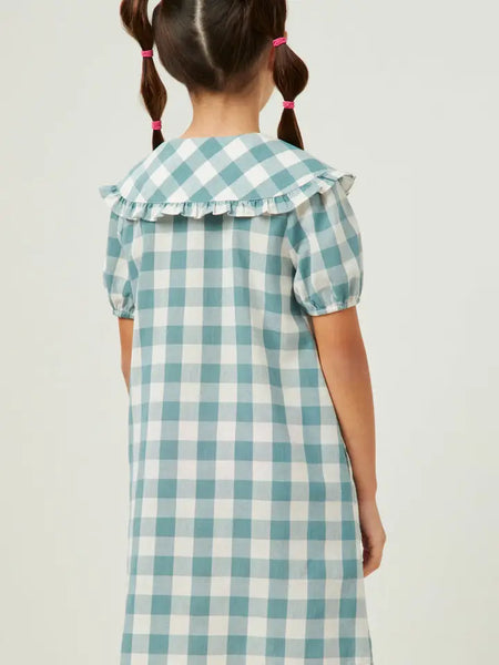 Youth Girls Ruffled Bib Collar Checkered Dress