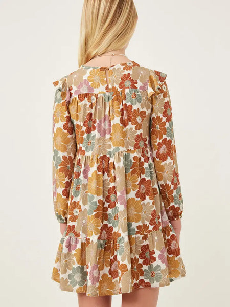 Youth Girls Mixed Floral Ruffle Shoulder Dress
