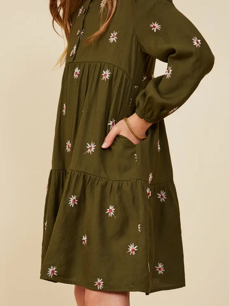 Youth Girls Embroidered Ditzy Floral Buttoned Dress