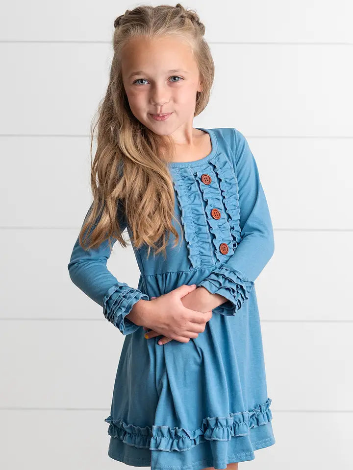 Girls Long Sleeve Solid Blue Ruffle Dress