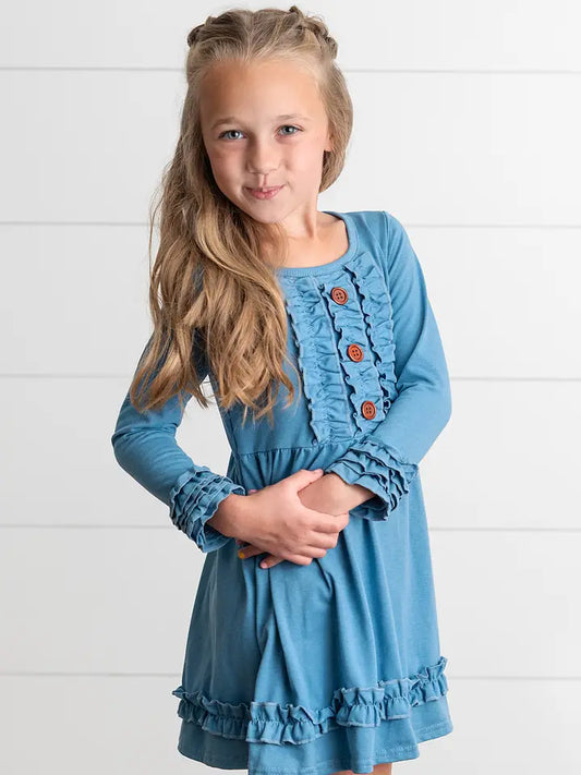 Girls Long Sleeve Solid Blue Ruffle Dress