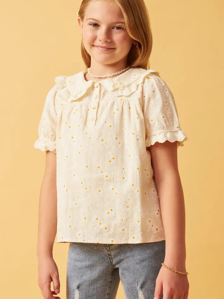 Youth Girls Textured Floral Lace Peter Pan Top