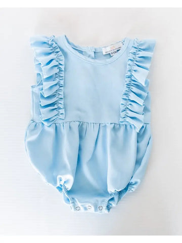 Madeline Ruffle Front Bubble Romper - Cool Blue