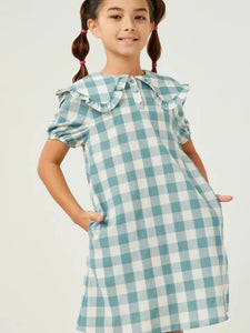 Youth Girls Ruffled Bib Collar Checkered Dress