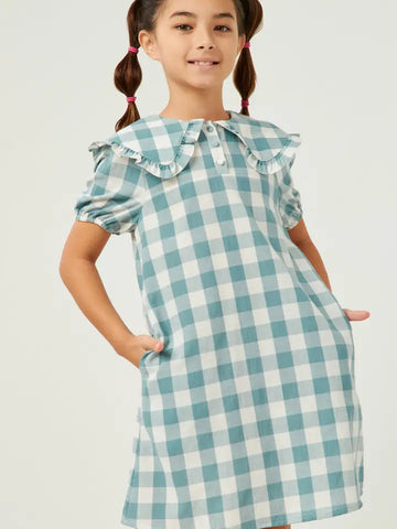 Youth Girls Ruffled Bib Collar Checkered Dress