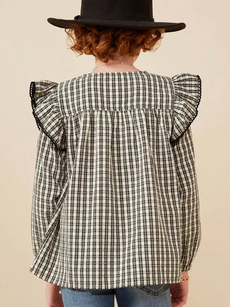 Youth Girls Checkered Lace Trim Ruffled Shoulder Top