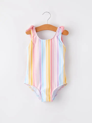 Girls Colorful Stripe Floral One Piece Swimsuit