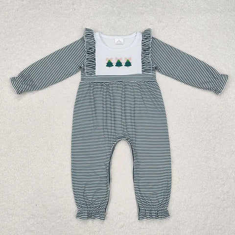 Baby Infant Girls Christmas Green Stripes Trees Romper