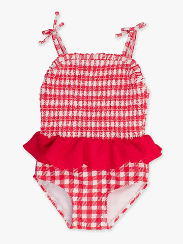 Girls Vintage Red Gingham Smocked Swimsuit