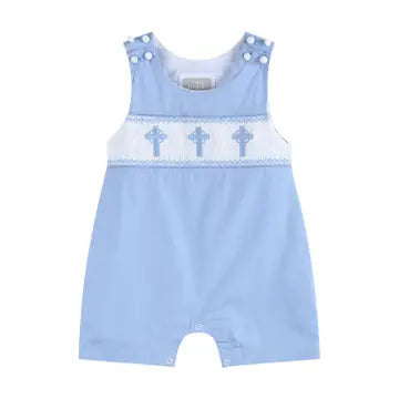 Infant Boy Blue Crosses Smocked Shortall
