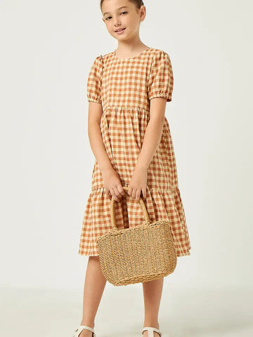 Youth Girls Puff Sleeve Gingham Tiered Dress