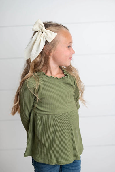 Fall Olive Long Sleeve Lettuce Trim Ribbed Shirt