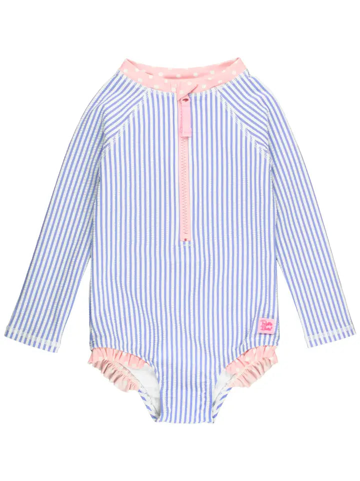 Girls Periwinkle Seersucker Long Sleeve One Piece Swimsuit