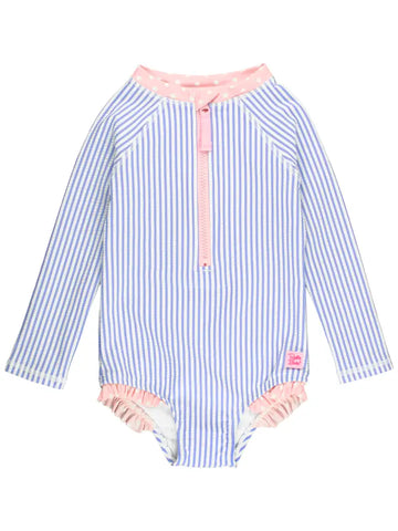 Girls Periwinkle Seersucker Long Sleeve One Piece Swimsuit