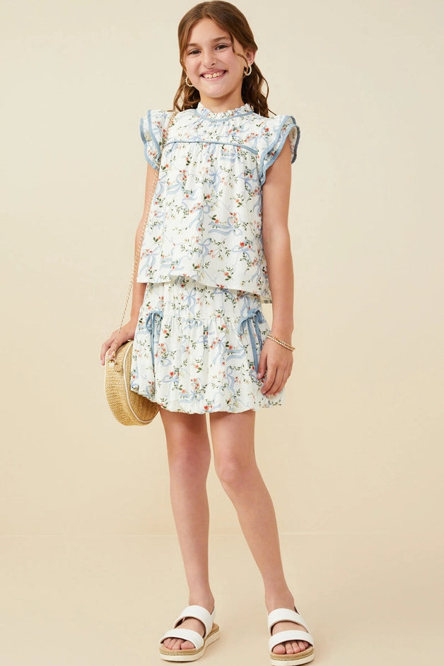 Youth Girls Floral Ribbon Contrast Trim Top