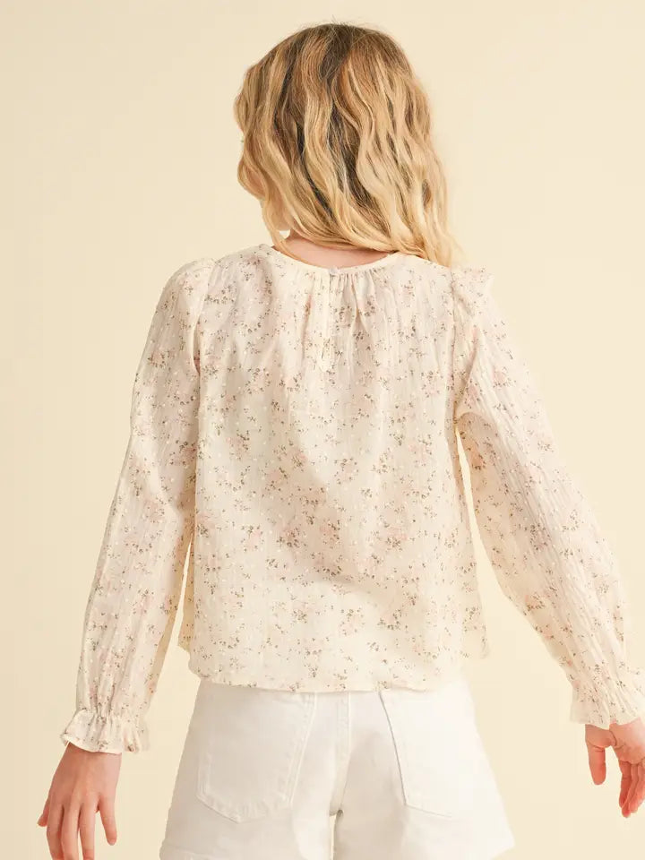 Tween Girls Long Sleeve Pintuck Floral Top