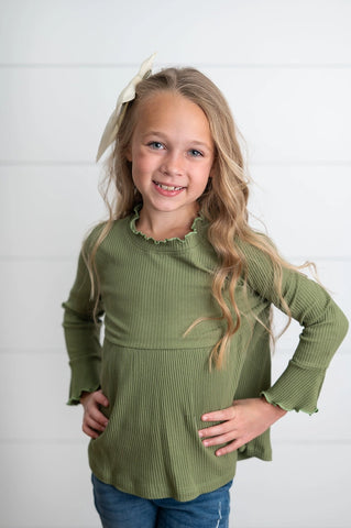 Fall Olive Long Sleeve Lettuce Trim Ribbed Shirt