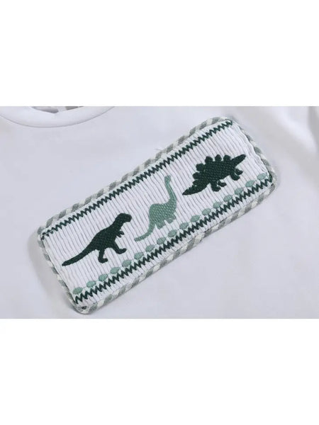 White Dinosaur Smocked Tee and Green Gingham Shorts Set