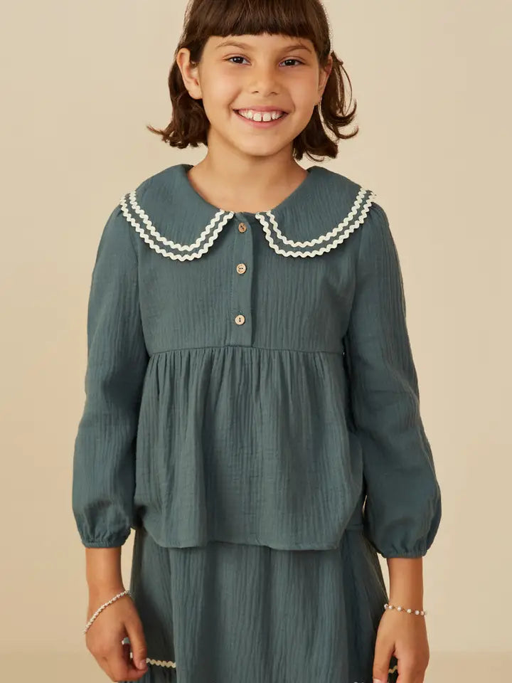 Youth Girls Wavy Twill Trimmed Peter Pan Collar Gauze Top