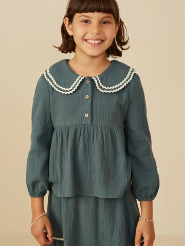Youth Girls Wavy Twill Trimmed Peter Pan Collar Gauze Top