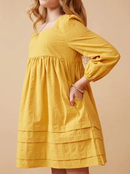 Youth Girls Square Neck Textured Stripe Pleat Detail Dress