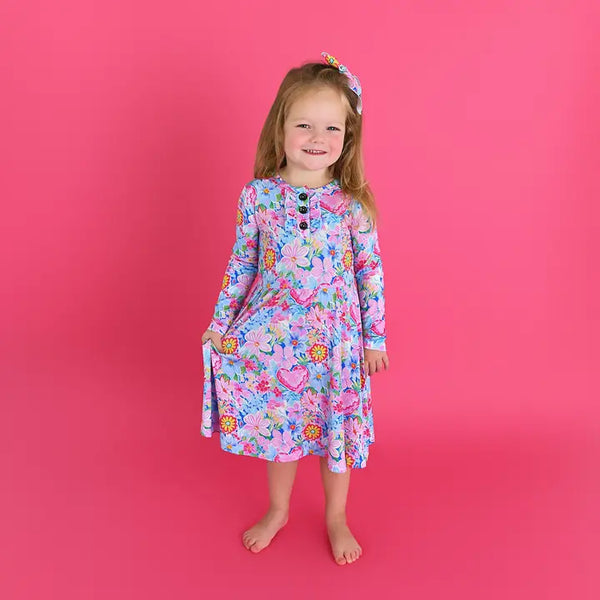 Girls Floral Heart Long Sleeve Dress